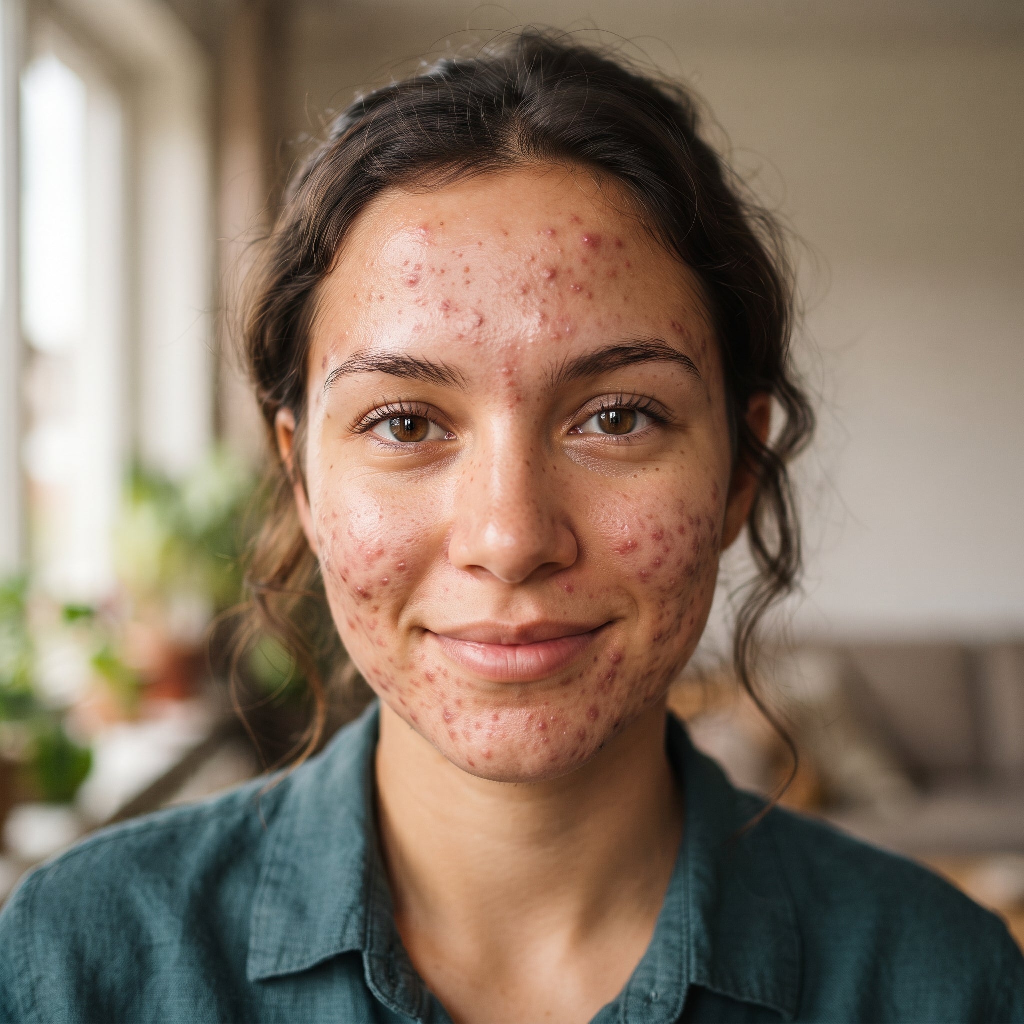 Illustrative woman with visible facial blemishes for a pimple patch before-and-after comparison